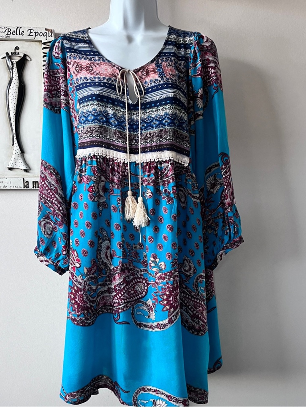 Umgee Turquoise Paisley Boho Babydoll Mini Dress Tunic Top Size XL